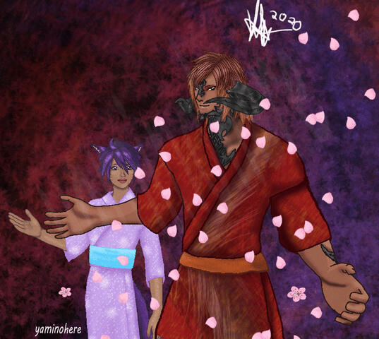 A pixel artwork of the artist's two Warriors of Light in summer Yukata. One is a violet haired Miqote woman, and the other is a Red haired Xaela Au Ra man. Both have dark skin.