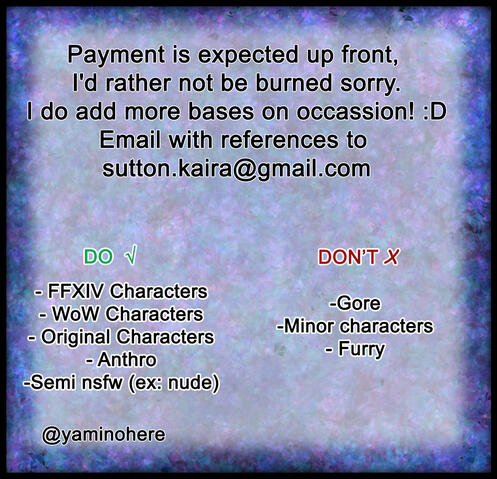 Image is of a commission sheet showing the different prices and examples of the artist's work.