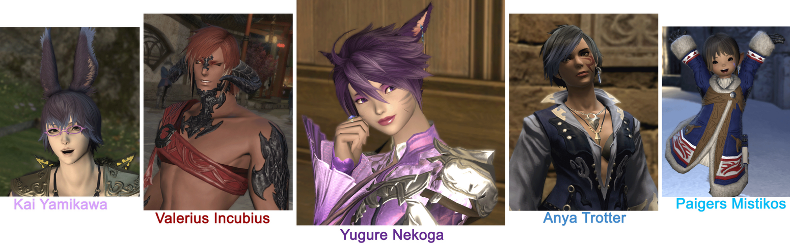 Screenshot compilation of the user's various Warrior of Lights. From Left to right: Kai Yamikawa (a purple haired Viera male), Valerius Incubus (a red haired Xaela Au Ra male), Yugure Nekoga (a purple haired Keeper of the Moon Miqo'te woman), Anya Trotter